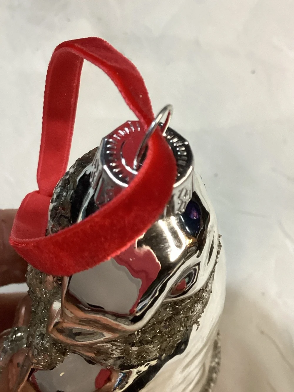 Silver Mercury Glass Glitter Santa Ornament Red Velvet Ribbon 5.5